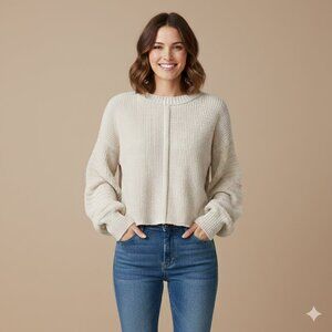 Love Riche Large Cropped Women's Cream Knit Balloon Sleeve Crew Neck Sweater EUC